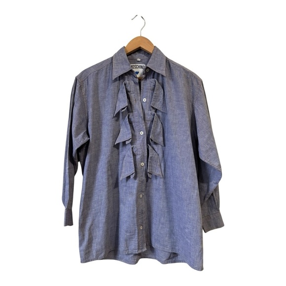 Moschino Jeans Ruffle Chambray Long Sleeve Button Blouse Size S - Picture 4 of 9